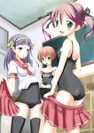  bad_id bad_pixiv_id black_school_swimsuit copyright_request long_hair multiple_girls name_tag no_pants one-piece_swimsuit pink_hair purple_hair red_hair ribbon school_swimsuit school_uniform short_hair skirt swimsuit swimsuit_under_clothes thighhighs yotsuha_(little_squash) 