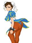  ass bad_id bad_pixiv_id bracelet brown_eyes brown_hair bun_cover china_dress chinese_clothes chun-li double_bun dress jewelry madarame pantyhose pelvic_curtain sash short_hair smile solo spiked_bracelet spikes street_fighter 