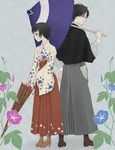  1girl back-to-back black_hair flower hakama high_heels itoshiki_nozomu japanese_clothes meiji_schoolgirl_uniform morning_glory oriental_umbrella profile red_hakama sayonara_zetsubou_sensei shoes short_hair shosei tk28 tsunetsuki_matoi umbrella 