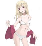  blonde_hair blush bra copyright_request flat_chest ind lingerie long_hair pale_skin panties red_eyes solo towel underwear underwear_only 