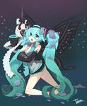  aqua_eyes aqua_hair barefoot breasts bug butterfly butterfly_wings cleavage detached_sleeves flower hatsune_miku highres insect large_breasts long_hair microphone open_clothes open_shirt ribbon shirt skirt solo taruk twintails very_long_hair vintage_microphone vocaloid wings 