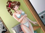  akazaki_yasuma asakura_natsuki bare_shoulders blue_eyes blush bow breasts brown_hair cleavage drill_hair embarrassed game_cg hair_bow long_hair medium_breasts midriff navel open_mouth panties ponytail reflection side-tie_panties solo standing tokimeki_check_in underwear white_panties 