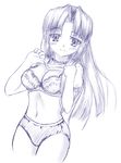  asakura_ryouko bra breasts gym_uniform johnny_(from_scratch) large_breasts lingerie long_hair monochrome shirt_lift solo suzumiya_haruhi_no_yuuutsu underwear 