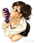  breasts brown_hair cleavage dress_shirt eggplant glasses happoubi_jin highres large_breasts licking original pencil_skirt ponytail sexually_suggestive shirt skirt solo 