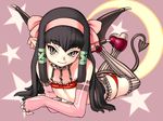  bat_wings black_hair commentary_request demon_girl elbow_gloves fingerless_gloves flat_chest garter_belt gloves grey_eyes hair_ribbon hijiri_rei long_hair looking_at_viewer lying on_stomach original pointy_ears ribbon solo tail thighhighs wings 