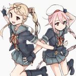  2girls beret black_footwear black_gloves black_jacket blonde_hair commentary_request cosplay cowboy_shot gloves grey_sailor_collar grey_skirt hair_flaps hair_ribbon hand_on_headwear harusame_(kantai_collection) hat holding holding_hat jacket kantai_collection long_hair mikiki multiple_girls neck_ribbon outstretched_arms partly_fingerless_gloves pink_hair ponytail red_ribbon remodel_(kantai_collection) ribbon sailor_collar school_uniform serafuku simple_background skirt standing standing_on_one_leg very_long_hair white_background white_hat yura_(kantai_collection) yura_(kantai_collection)_(cosplay) yuudachi_(kantai_collection) 