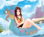  barefoot brown_eyes brown_hair casual_one-piece_swimsuit cloud day dragon hair_ornament hairpin innertube lilith_(endling) mountain multiple_girls one-piece_swimsuit original partially_submerged ree shaun_healey silver_hair skull sunglasses swimsuit water 