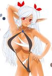  bad_id bad_pixiv_id blush breasts copyright_request dark_skin elf huge_breasts long_hair pointy_ears red_eyes shiba_(pixiv244) slingshot_swimsuit solo swimsuit twintails white_hair 