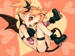  asymmetrical_clothes bat_wings blonde_hair commentary_request demon_girl elbow_gloves etna fangs gloves heart hijiri_rei original panties pointy_ears red_eyes single_thighhigh solo tail thighhighs twintails underwear wings 