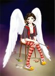  art_brush brown_hair chair copyright_request full_body happoubi_jin knees_together_feet_apart paint paintbrush red_legwear shoes short_hair sitting solo striped striped_legwear thighhighs uwabaki wings 