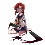  blood crazy_eyes doll futou_ryouko green_eyes hatchet higurashi_no_naku_koro_ni hikonyan kneeling nose_hatchet orange_hair ryuuguu_rena school_uniform serafuku smile solo 