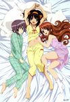  :d absurdres ankle_socks arms_up asahina_mikuru bangs bare_shoulders barefoot bed bed_sheet black_hair breasts brown_hair buttons checkered cleavage dakimakura dress feet flat_chest from_above grey_hair hair_ribbon hair_spread_out hairband hand_on_another's_stomach hands_together head_tilt highres indoors knees_together_feet_apart knees_touching lace lace-trimmed_socks long_hair looking_at_viewer looking_back lying medium_breasts megami midriff multiple_girls nagato_yuki navel nishiya_futoshi official_art on_back on_side open_mouth orange_eyes pajamas panties pants profile ribbon scan shirt shirt_lift shirt_tug short_dress short_hair sidelocks smile socks suzumiya_haruhi suzumiya_haruhi_no_yuuutsu swept_bangs toes underwear wavy_hair white_panties yellow_eyes 