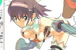  bare_shoulders breasts brown_eyes brown_hair cleavage downblouse fantasy gauntlets hairband hanging_breasts large_breasts looking_at_viewer original revealing_clothes ryuuta_(msxtr) short_hair solo 