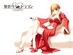  artist_request barefoot blonde_hair blush copyright_request cup dress drinking_glass high_heels navel red_eyes shoes single_shoe sitting solo wine_glass 
