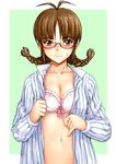  ahoge akizuki_ritsuko blush bra braid brown_eyes brown_hair glasses idolmaster idolmaster_(classic) idolmaster_1 lingerie midriff open_clothes open_shirt shirt short_hair solo tanisi_(hosimade) twin_braids underwear 