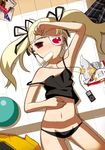  blonde_hair earbuds earphones eating eyepatch food imaizumi_teruhiko long_hair lowleg lowleg_panties lying midriff mole mole_under_eye mouth_hold navel on_back original panties popsicle red_eyes solo strap_slip twintails underwear window_shade 