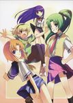  blonde_hair blue_eyes blue_hair furude_rika green_eyes green_skirt highres higurashi_no_naku_koro_ni houjou_satoko long_hair matsuzaki_yutaka multiple_girls necktie no_panties pantyhose ponytail purple_eyes ryuuguu_rena scan school_uniform serafuku short_hair skirt sonozaki_mion wind wind_lift 