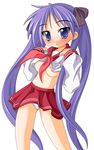  blush breasts hiiragi_kagami long_hair lucky_star medium_breasts no_bra non-web_source panties pantyshot pleated_skirt ryouou_school_uniform school_uniform serafuku shinjitsu skirt solo twintails underboob underwear very_long_hair wind wind_lift 