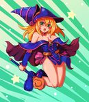  bare_shoulders blonde_hair blue_footwear boots breasts cape cleavage dark_magician_girl duel_monster green_background green_eyes helm helmet jumping kara_(color) large_breasts pentacle solo staff underboob yuu-gi-ou yuu-gi-ou_duel_monsters 