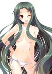  ;d adjusting_clothes adjusting_panties ayakaze_ryuushou breasts fang green_hair hair_censor hair_over_breasts large_breasts long_hair lowleg lowleg_panties navel one_eye_closed open_mouth panties panty_pull side-tie_panties smile solo suzumiya_haruhi_no_yuuutsu topless tsuruya underwear very_long_hair 