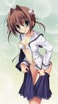  asakura_yume blush bra breasts brown_hair cleavage da_capo da_capo_ii lingerie lowres medium_breasts open_clothes open_shirt panties school_uniform shirt short_hair skirt solo tanihara_natsuki underwear undressing 