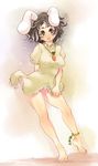 animal_ears anklet bare_legs barefoot black_hair blush breasts bunny_ears covered_nipples dress feet inaba_tewi jewelry large_breasts looking_at_viewer open_mouth short_dress short_hair solo touhou tsuutenkaaku 