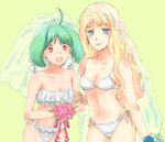  :d ahoge bad_id bad_pixiv_id blonde_hair blue_eyes blush bouquet bow bra earrings flower frilled_bra frilled_panties frills good_end green_hair jewelry long_hair macross macross_frontier mosu multiple_girls navel open_mouth panties ranka_lee red_eyes sheryl_nome short_hair side-tie_panties simple_background smile underwear veil wedding yellow_background 