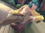  bench boots bra bra_lift breasts closed_eyes day game_cg green_hair ino large_breasts lingerie nipples open_mouth outdoors panties panties_under_pantyhose pantyhose pantyshot peropero_candy_2:_lovely_angels shirt_lift short_hair sitting skirt solo sweater underwear upskirt 