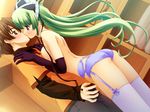  1girl back blue_eyes breast_press breasts brown_eyes brown_hair elbow_gloves emupii_maid_promotion_master game_cg garter_belt garters gloves green_hair hetero homura_yukine kiss large_breasts long_hair panties purple_eyes sideboob tamahiyo thighhighs topless underwear 