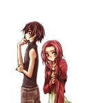  1girl bare_shoulders blush brown_hair code_geass from_side green_eyes jacket kallen_stadtfeld lelouch_lamperouge mecco pink_hair profile short_hair simple_background standing sweater_vest turtleneck white_background 