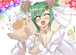  animalization blush breasts bridal_gauntlets bride cecil_harvey cleavage closed_eyes crown dress final_fantasy final_fantasy_iv flower green_eyes green_hair hair_flower hair_ornament hat hug jewelry medium_breasts multiple_girls necklace pig ring rosa_farrell rydia wedding_dress yasakani_an 