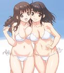  asymmetrical_docking bikini black_hair breast_press breasts brown_eyes brown_hair cleavage cowboy_shot grin hand_on_another's_shoulder hand_on_another's_waist hirose_(mokiki) large_breasts long_hair looking_at_viewer multiple_girls navel open_mouth original shiny shiny_skin side-by-side side-tie_bikini smile swimsuit thigh_gap white_bikini 