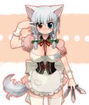  animal_ears asahina_mikuru asahina_mikuru_(cosplay) bad_id bad_pixiv_id between_fingers breasts corset cosplay dog_ears dog_tail heterochromia izayoi_sakuya kemonomimi_mode knife large_breasts mikuru_beam parody sato_(sa10cho) silver_hair solo suzumiya_haruhi_no_yuuutsu tail touhou waitress wrist_cuffs 