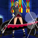  bad_id bad_pixiv_id blonde_hair church maka_albarn nike_(0306) panties pantyshot pink_panties plaid plaid_skirt scythe short_hair skirt solo soul_eater twintails underwear 