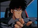  angry bean_bandit black_hair car car_interior clenched_teeth close-up driving fingerless_gloves gloves ground_vehicle headband left-hand_drive lowres male_focus motor_vehicle oldschool riding_bean scar screencap sideburns solo teeth 