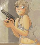  blonde_hair blood blood_on_face blood_splatter bloody_clothes camisole cocked_hammer commentary_request copyright_request crying finger_on_trigger green_eyes gun handgun itou_(onsoku_tassha) lingerie m1911 pistol scared smoke smoking_gun solo tears torn_clothes underwear weapon 