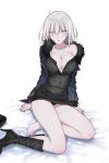  1girl absurdres ahoge arm_support belt_boots black_panties boot_removed boots breasts cleavage collarbone fate/grand_order fate_(series) footwear_removed fur-trimmed_collar hair_between_eyes high_heel_boots high_heels highres jeanne_d&#039;arc_(alter)_(fate) jeanne_d&#039;arc_(fate)_(all) jewelry medium_breasts nail_polish necklace nipi27 open_mouth pale_skin panties pantyshot pantyshot_(sitting) red_nails short_hair single_boot sitting solo thighs underwear white_background white_hair yellow_eyes 