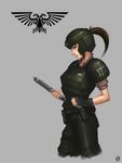  aquila_(symbol) armor belt brown_eyes brown_hair fingerless_gloves gloves gun handgun helmet imperial_guard ironshrinemaiden ponytail solo tank_top warhammer_40k weapon 