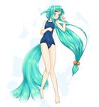  animal_ears barefoot blue_hair blush carbuncle_(final_fantasy) facial_mark final_fantasy forehead_mark full_body long_hair low-tied_long_hair lying multiple_tails one-piece_swimsuit original pen_(pen3) personification red_eyes school_swimsuit solo swimsuit tail very_long_hair white_background 