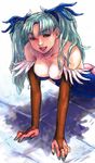  arm_support breasts cleavage elbow_gloves gloves green_hair head_wings inomoto_hiro long_hair lying medium_breasts morrigan_aensland pantyhose solo vampire_(game) 