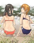  ass barefoot bikini brown_eyes brown_hair from_behind glasses long_hair looking_back multiple_girls orange_eyes orange_hair original river short_hair squatting swimsuit zerry_fujio 