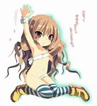  asano_shimon bandages blush brown_hair copyright_request flat_chest long_hair nipple_slip nipples pink_eyes ribbon solo striped striped_legwear thighhighs translated waving 