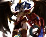  armityle_the_chaos_phantom duel_monster horns mecha_musume midriff monster_girl pupps smile solo thighhighs wallpaper white_hair wings yellow_eyes yuu-gi-ou yuu-gi-ou_gx 