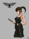  aquila_(symbol) bare_shoulders belt brown_eyes brown_hair fingerless_gloves gloves gun handgun imperial_guard ironshrinemaiden ponytail solo tank_top tattoo warhammer_40k weapon 