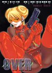  adette_kistler blonde_hair bodysuit breasts elbow_gloves evil_grin evil_smile gloves goggles green_eyes grin gun handgun highres large_breasts mole mole_under_mouth overman_king_gainer pierre_norano pistol smile solo visor weapon 