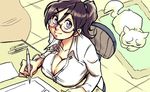  black_hair breast_rest breasts cat cleavage copyright_request drawing glasses huge_breasts ponytail solo yves_bigerel 