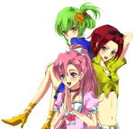  :d alternate_hairstyle arms_up artist_request blue_eyes c.c. code_geass dress euphemia_li_britannia green_eyes green_hair kallen_stadtfeld looking_at_viewer midriff multiple_girls navel one_side_up open_mouth own_hands_together pink_dress pink_hair puffy_short_sleeves puffy_sleeves red_hair short_sleeves sitting smile stomach 