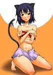  animal_ears barefoot bell blue_hair blush breast_hold breasts cat_ears cleavage kneeling medium_breasts morimoto_kanaru navel open_mouth persona persona_trinity_soul ribbon segami_daisuke skirt solo tail topless 