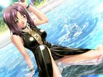  antenna_hair arm_support blush breasts fallen_down game_cg green_eyes ikenai_shutter_chance! large_breasts leather one_eye_closed ookoshi_hidetake panties purple_hair solo underwear water 