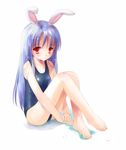 animal_ears bad_id bad_pixiv_id bangs bare_arms bare_legs bare_shoulders barefoot blue_swimsuit bunny_ears closed_mouth eyebrows_visible_through_hair feet flat_chest lavender_hair long_hair looking_at_viewer one-piece_swimsuit purple_hair red_eyes reisen_udongein_inaba school_swimsuit simple_background sitting solo swimsuit touhou wet white_background yurikuta_tsukumi 